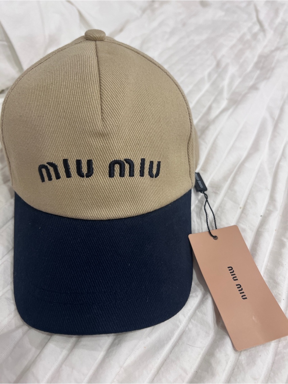 Two-Tone Beige and Navy Logo Cap